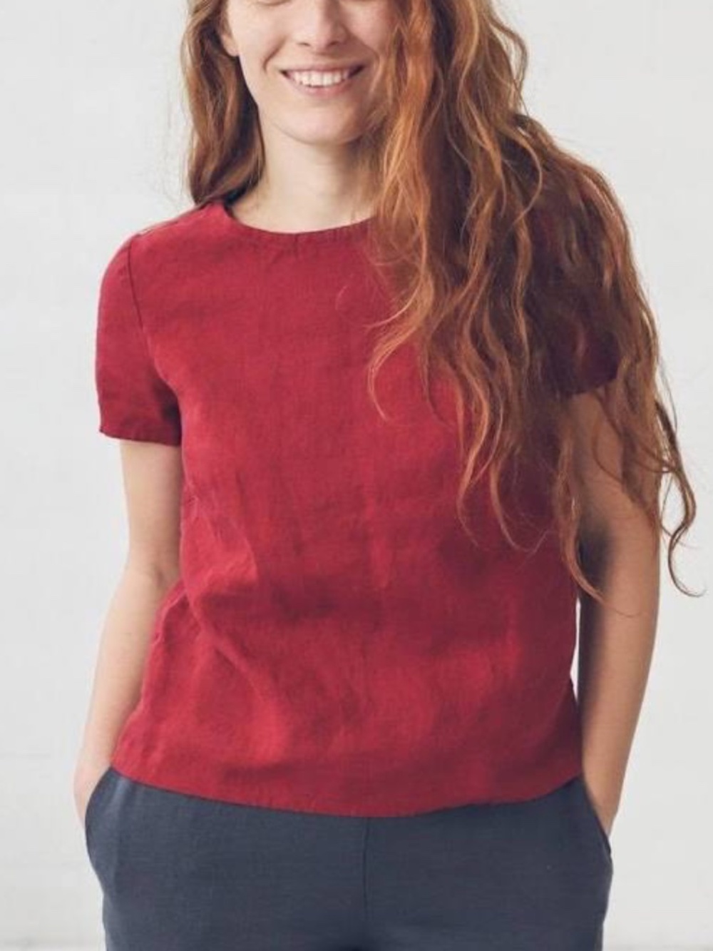 FLAX - 100% Linen Short Sleeve Red Scoop Boxy Top - Size Petite ( Small 4/6)